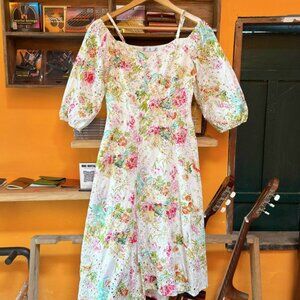 White Floral Eyelet Dress Puff Sleeve Cottagecore